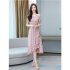 Summer Women V neck Short Sleeves Dress Retro French Floral Printing A line Skirt Elegant Lace up Dress red M