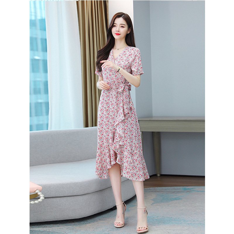 Wholesale Summer Women V-neck Short Sleeves Dress Retro French Floral  Printing A-line Skirt Elegant Lace-up Dress red XL From China