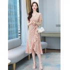 Summer Women V-neck Short Sleeves Dress Retro French Floral Printing A-line Skirt Elegant Lace-up Dress yellow XL