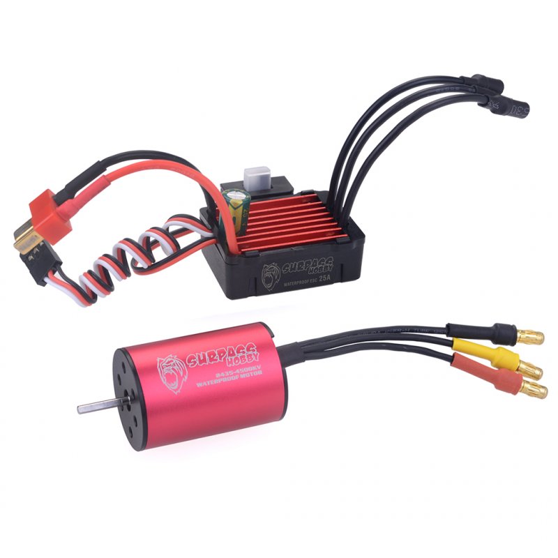 Surpass Hobby 2435 4500kv Brushless Motor + 25A Brushless Speed Controller ESC Waterproof 2S for 1/16 RC Car  red