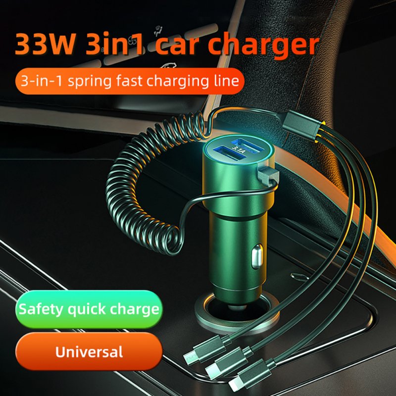 Quick Charge Car Charger With Stretchable Cable 5 Port Output Fast Charging Adapter Compatible For Ios / Android / Type-C Port 
