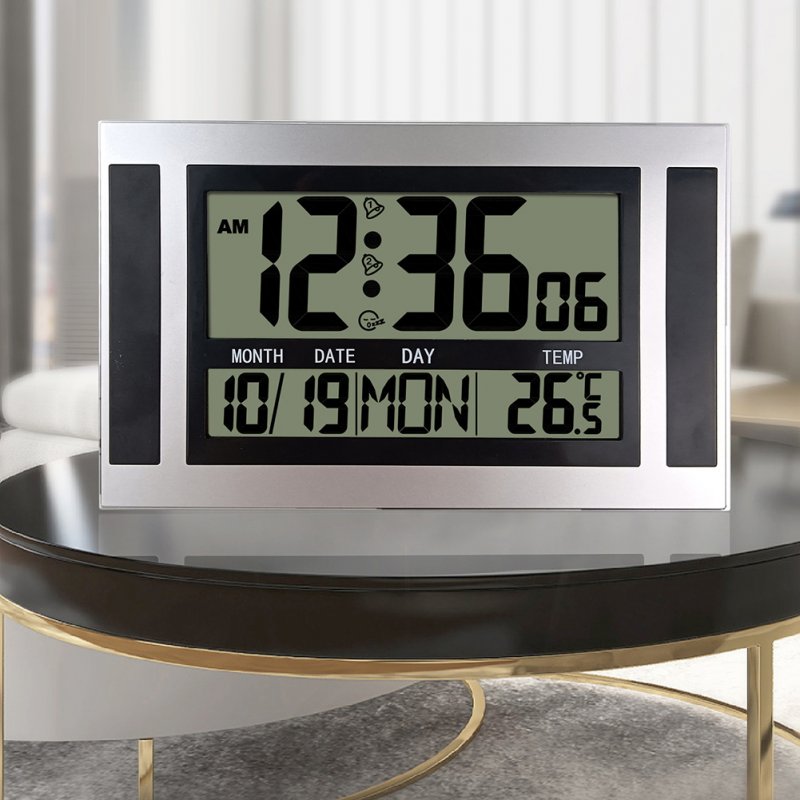 Digital Alarm Clock Battery Powered LCD High Definition Screen Wall/Desk Clock With Indoor Temperature Calendar Light grain/silver