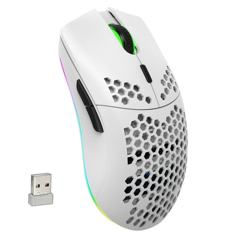 T66 2.4G Wireless Mouse Ergonomic High Precision Mice Portable Honeycomb Mouse 3600 DPI RGB Lighting Rechargeable Mice White