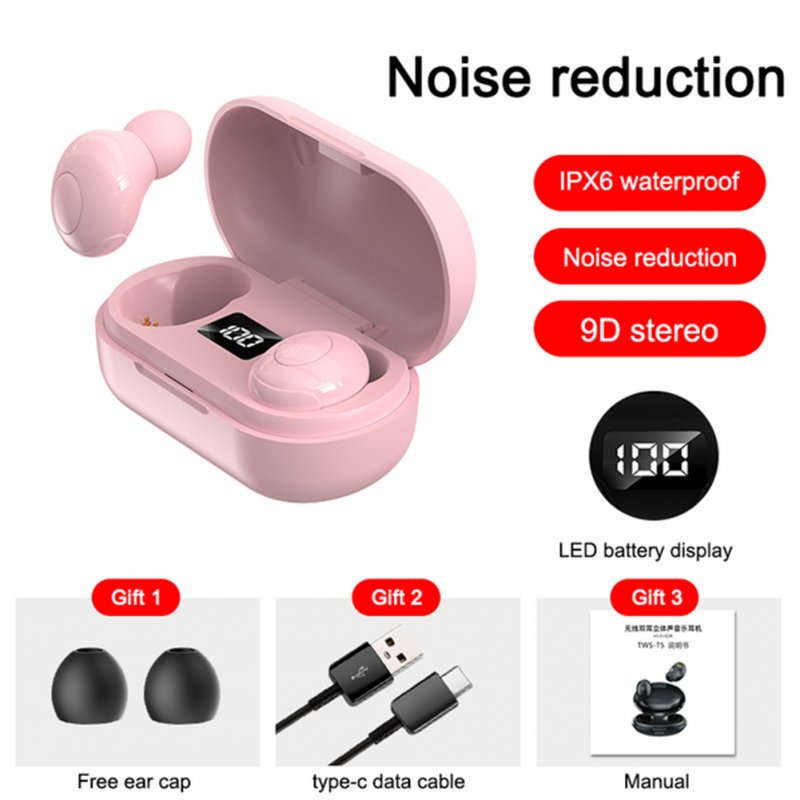 T8 Earphones Wireless  Headphones Wireless Bluetooth-compatible Headset Mini In-ear Led Digital Display Handsfree Headphones pink