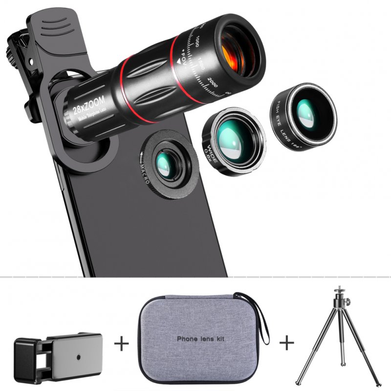 Mobile Phone Lens 28x Telephoto 0.6x Wide-Angle 20x Macro 198-Degree Fisheye 4-in-1 Lens Kit