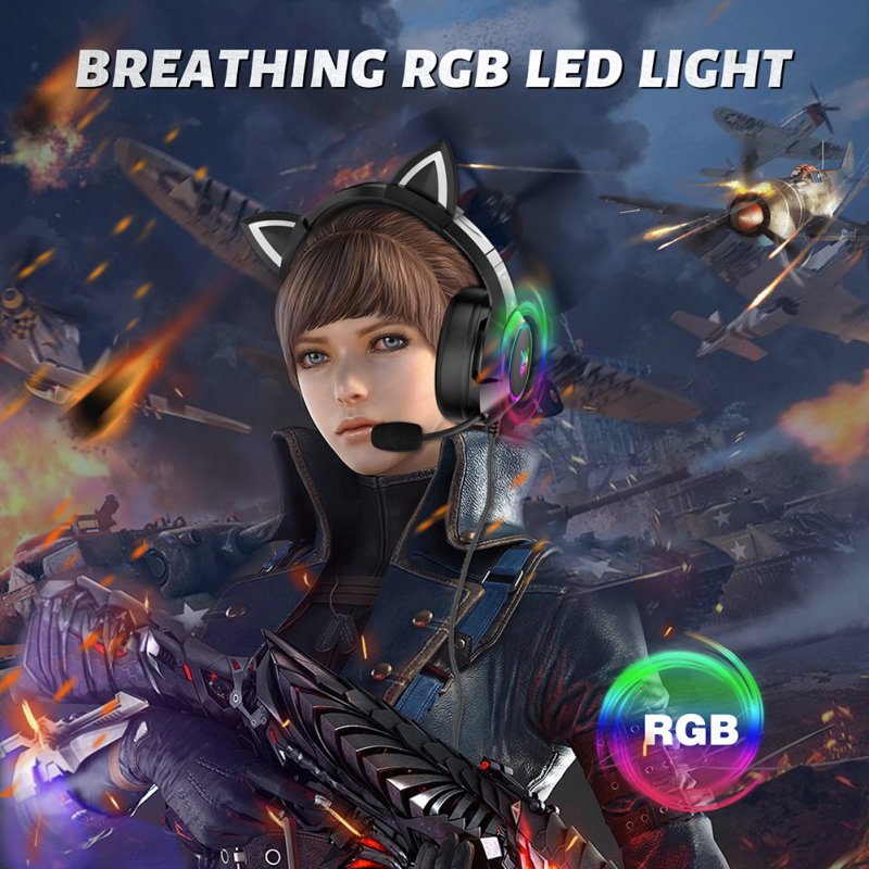 Onikuma K9 Gaming Headset RGB Cat Ear Led Light Head-mounted Wired Headphones with Retractable Rotating Microphone 