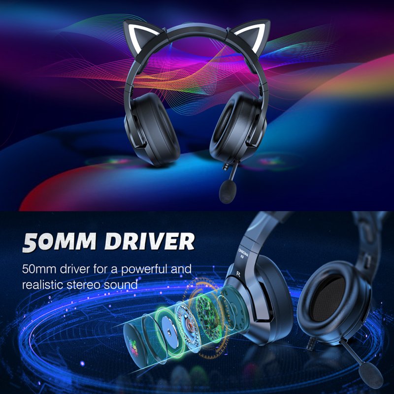 Onikuma K9 Gaming Headset RGB Cat Ear Led Light Head-mounted Wired Headphones with Retractable Rotating Microphone 