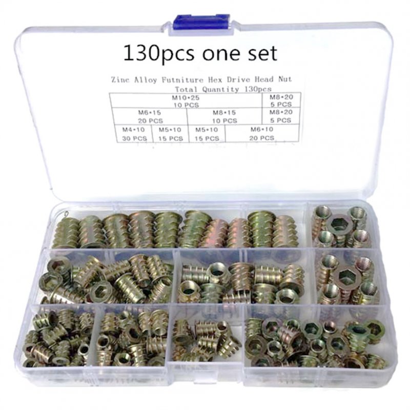 130pcs Nut Hexagonal Driver Head M4-M10 Galvanized Furniture Nut Accessories Set With Storage Box For Home Decoration 