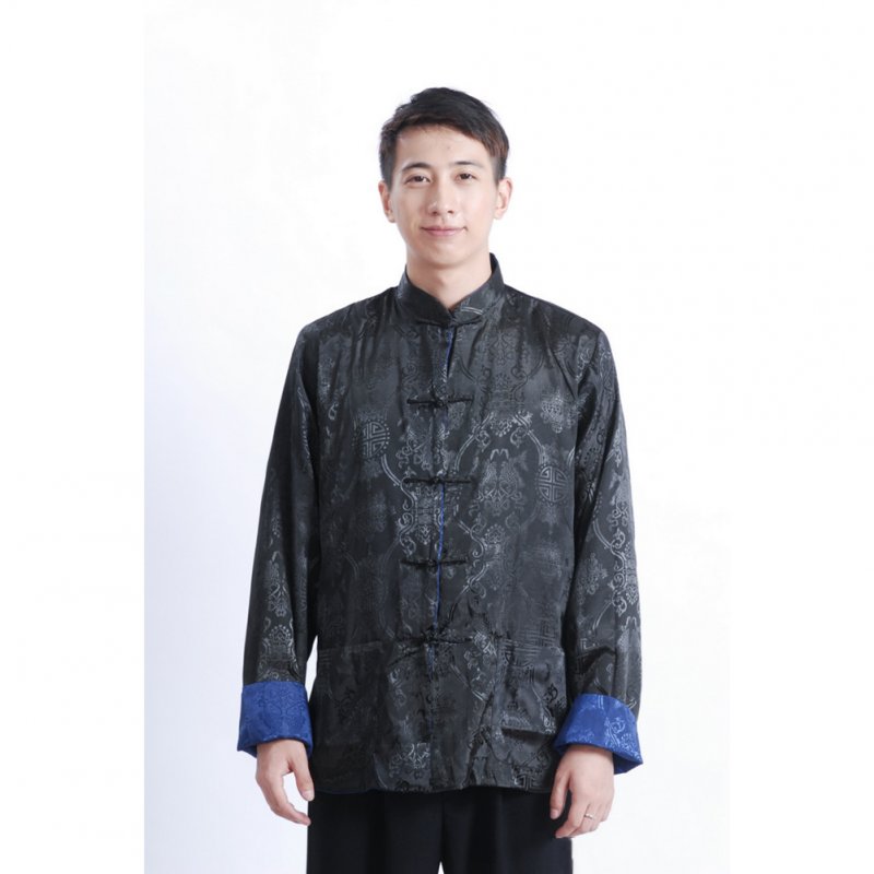 Tang-suit For Men Chinese Traditional Satin Hanfu Tops Long Sleeves Cardigan Single-breasted Performance Jacket blue and black XL