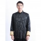 Tang-suit For Men Chinese Traditional Satin Hanfu Tops Long Sleeves Cardigan Single-breasted Performance Jacket black and gold XXXL