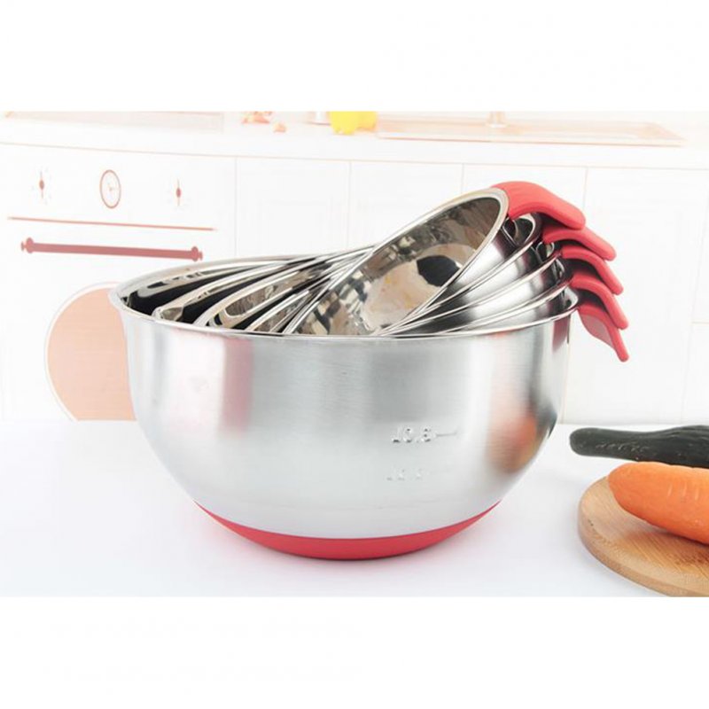 Thicken Silicone Bottom Stainless Steel Bowl woth Handle for Egg Beater Salad Knead Dough (No Cover) 22cm_Red handle basin (without cover)