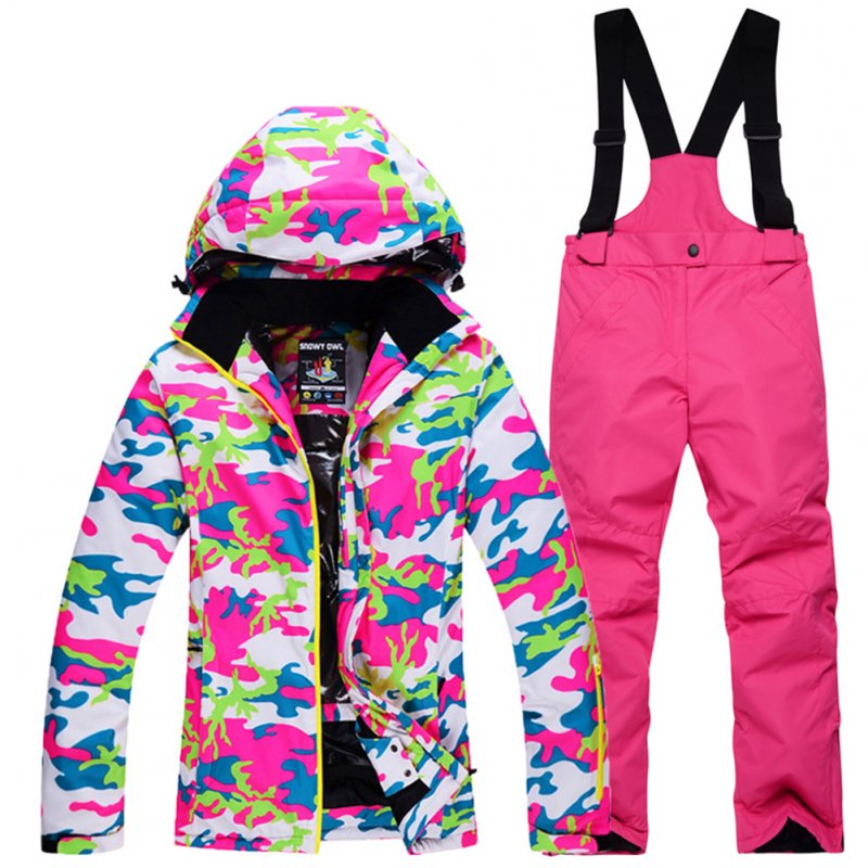 Thickened Outdoor Suit Warm and Cold-proof Ski Outfits Waterproof Winter Children's Ski Wear Red camouflage + rose red pants_M