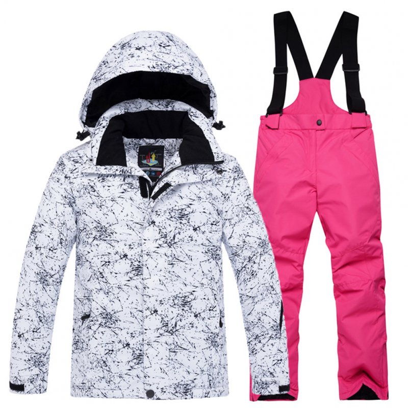 Thickened Outdoor Suit Warm and Cold-proof Ski Outfits Waterproof Winter Children's Ski Wear White lightning top + rose red pants_S