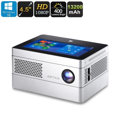 AIPTEK Windows 10 Mini Projector  -  DLP、ルーメン400、クアッドコアCPU、2GB RAM、4.5インチディスプレイ、WiFi、1080pサポート ...