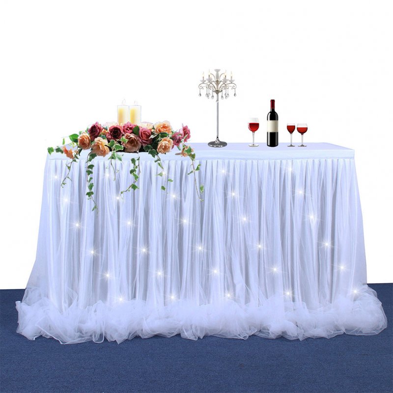 Thread Ribbon Table Skirt with LED Light for Wedding Party Decoration white_9FT*30in