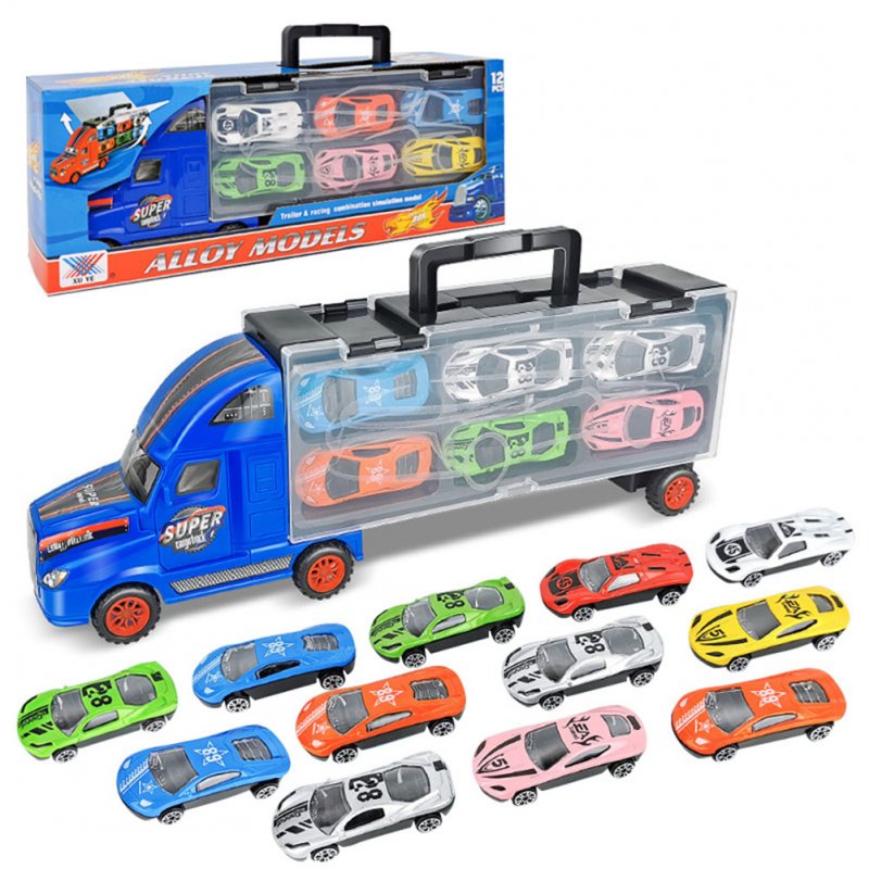 Three-layer Deformed Big  Construction  Trucks  Set Container Truck Transporter Vehicle Small Car Model Kit Birthday Gifts For Boys Blue style - with 12