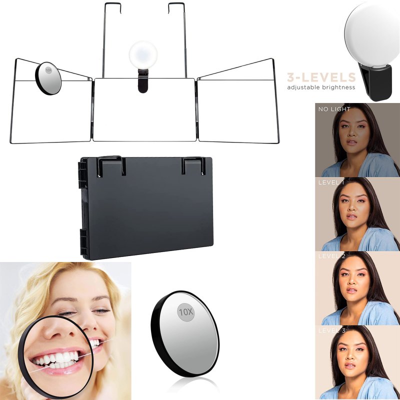 Three-sided  Folding  Makeup  Mirror Led Light 10x Magnifier Retractable Hanging Portable Mirror Black