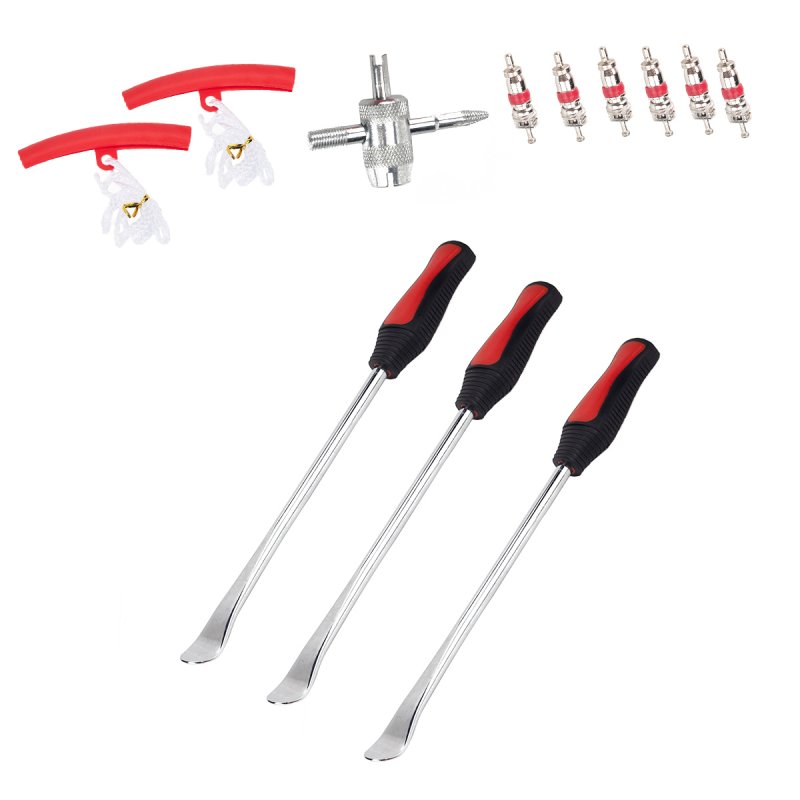 Tire Spoons Lever Motorcycle Dirt Bike Lawn Mower Tire Changing Tools with Bag A2974 (3 crowbars + 2 red tire protective sleeves + 1 four-in-one repair tool + 6 valve cores)