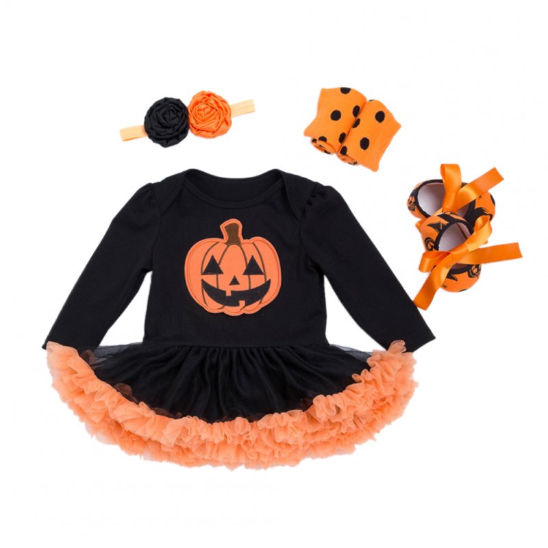 Toddler Baby Girls Short Sleeve Round Neck Pumpkin Pattern Romper Dress with Gauze Trim + Flower Headband + Bowknot Shoes + Dot Printed Kneepad