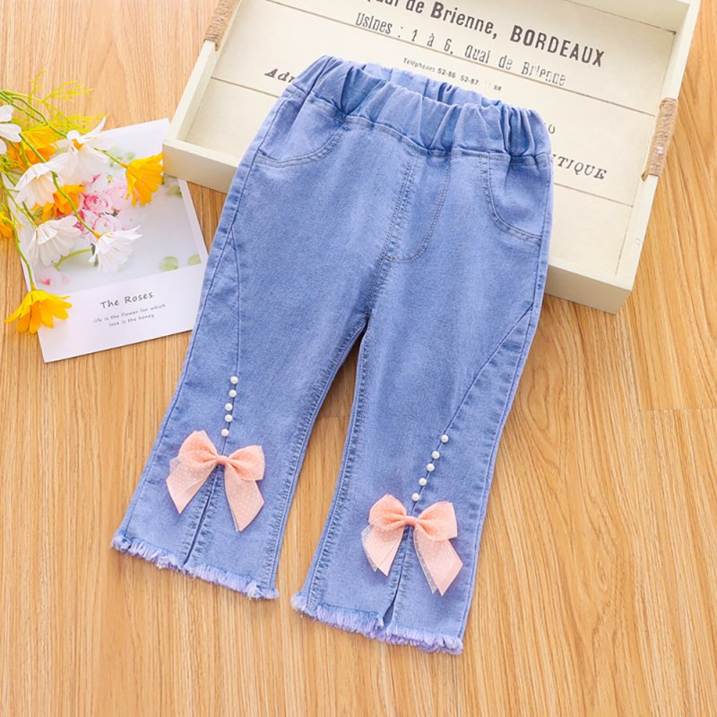 Toddlers Girls Jeans Children Denim Cropped Pants Elastic Belt Summer Outerwear Loose Cropped Pants Clothing ribbon 5-6Y 110cm