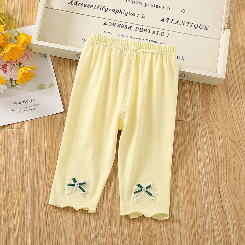 Toddlers Girls Leggings Solid Color Breathable Cotton Summer Pleated Pants Casual Kids Baby Cropped Pants yellow 5-6Y 110cm