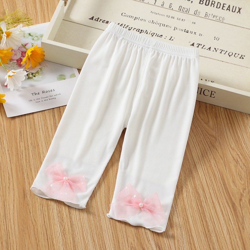 Toddlers Leggings Kids Girls Cropped Pants Solid Color Elastic Waist Belt Summer Outerwear Bottoms Pants lace white 4-5Y 100cm
