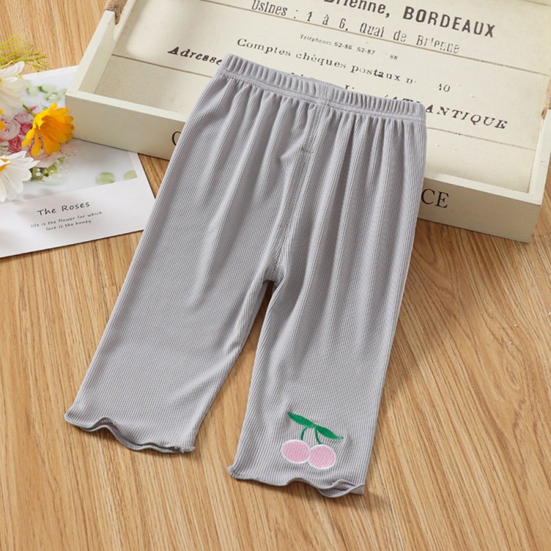 Toddlers Leggings Kids Girls Cropped Pants Solid Color Elastic Waist Belt Summer Outerwear Bottoms Pants cherry gray 1-2Y 80cm