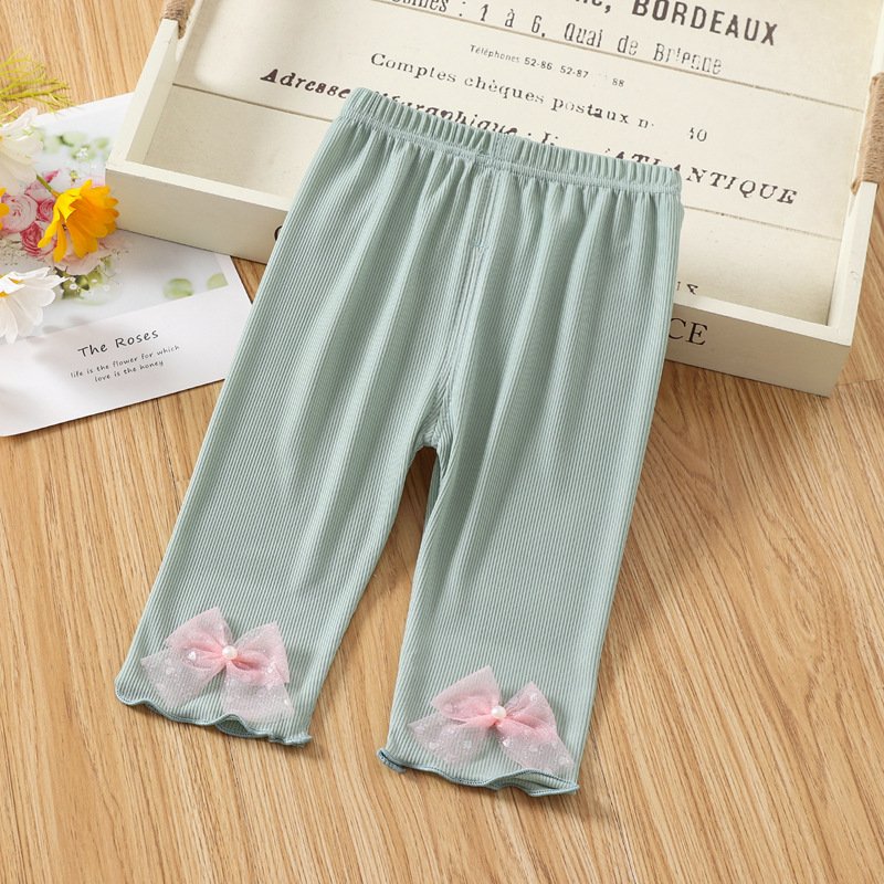 Toddlers Leggings Kids Girls Cropped Pants Solid Color Elastic Waist Belt Summer Outerwear Bottoms Pants lace green 4-5Y 100cm
