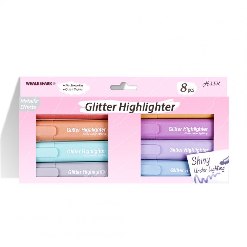 8pcs Glitter Highlighter Pen Set Drawing Writing Marking Highlighter Pen Stationery Supplies