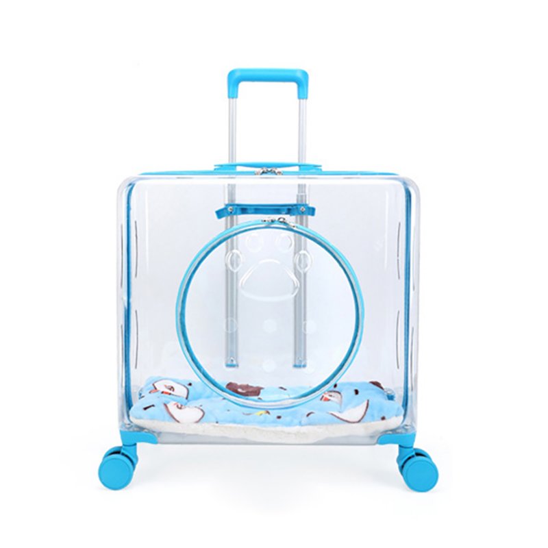 Transparent Pet Carrier Backpack With Silent Wheel Telescopic Handle Cartoon Pattern Plush Pad Large Capacity Trolley Case