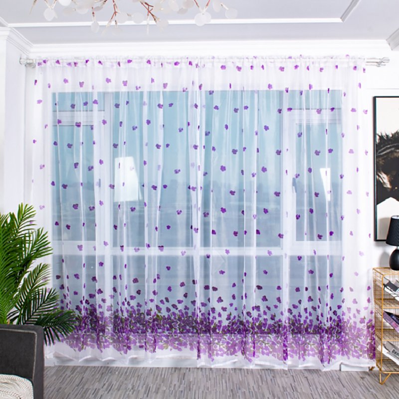 Transparent Sheer Window Panel Curtains with  Flower Print for Living Room Bedroom Kitchen purple_W 100cm * H 200cm