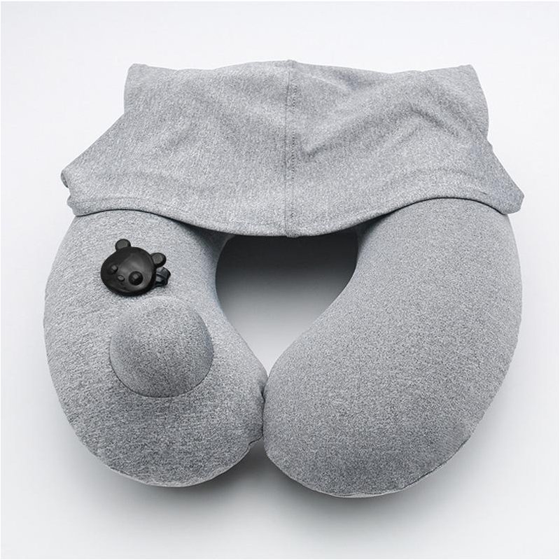 Travel Hooded U-Shaped Pillow Car Office Airplane Head Rest inflatable pillow Neck Support U-Shaped Eyemask neck Pillow Grey with hood (material of icy cloth)_31cm*31cm*11cm
