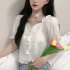 Trendy French Square Collar T shirt For Women Short Sleeves Simple Elegant Solid Color Slim Fit Blouse yellow L