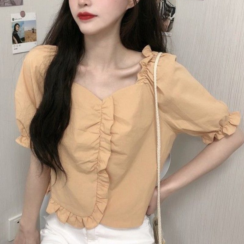 Trendy French Square Collar T-shirt For Women Short Sleeves Simple Elegant Solid Color Slim Fit Blouse yellow L