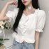 Trendy French Square Collar T shirt For Women Short Sleeves Simple Elegant Solid Color Slim Fit Blouse yellow L