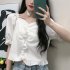 Trendy French Square Collar T shirt For Women Short Sleeves Simple Elegant Solid Color Slim Fit Blouse yellow L