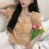 Trendy French Square Collar T shirt For Women Short Sleeves Simple Elegant Solid Color Slim Fit Blouse yellow L