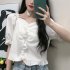 Trendy French Square Collar T shirt For Women Short Sleeves Simple Elegant Solid Color Slim Fit Blouse yellow XL