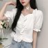 Trendy French Square Collar T shirt For Women Short Sleeves Simple Elegant Solid Color Slim Fit Blouse White M