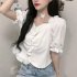 Trendy French Square Collar T shirt For Women Short Sleeves Simple Elegant Solid Color Slim Fit Blouse White M