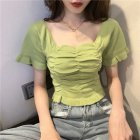 Trendy French Style Knitted Shirt For Women Short Sleeves Square Neck Crop Top Slim Fit Solid Color Blouse green One size (recommended 35-60kg)