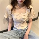 Trendy French Style Knitted Shirt For Women Short Sleeves Square Neck Crop Top Slim Fit Solid Color Blouse apricot One size (recommended 35-60kg)