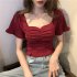Trendy French Style Knitted Shirt For Women Short Sleeves Square Neck Crop Top Slim Fit Solid Color Blouse apricot One size  recommended 35 60kg 