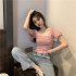 Trendy French Style Knitted Shirt For Women Short Sleeves Square Neck Crop Top Slim Fit Solid Color Blouse apricot One size  recommended 35 60kg 