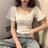 Trendy French Style Knitted Shirt For Women Short Sleeves Square Neck Crop Top Slim Fit Solid Color Blouse apricot One size  recommended 35 60kg 