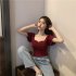 Trendy French Style Knitted Shirt For Women Short Sleeves Square Neck Crop Top Slim Fit Solid Color Blouse apricot One size  recommended 35 60kg 