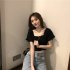 Trendy French Style Knitted Shirt For Women Short Sleeves Square Neck Crop Top Slim Fit Solid Color Blouse apricot One size  recommended 35 60kg 