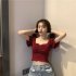 Trendy French Style Knitted Shirt For Women Short Sleeves Square Neck Crop Top Slim Fit Solid Color Blouse apricot One size  recommended 35 60kg 