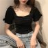 Trendy French Style Knitted Shirt For Women Short Sleeves Square Neck Crop Top Slim Fit Solid Color Blouse apricot One size  recommended 35 60kg 