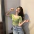 Trendy French Style Knitted Shirt For Women Short Sleeves Square Neck Crop Top Slim Fit Solid Color Blouse White One size  recommended 35 60kg 